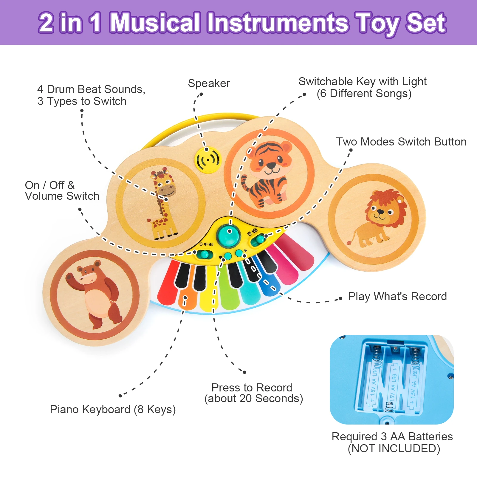 Wooden 2in1 Keyboard Piano Clapping Drum with Light & Music Cartoon Animals Music Toys Educational Toys for 12 months Baby Gifts