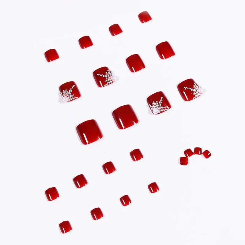 24pcs/box wearable summer diamond manicure red short high-end whitening false nails