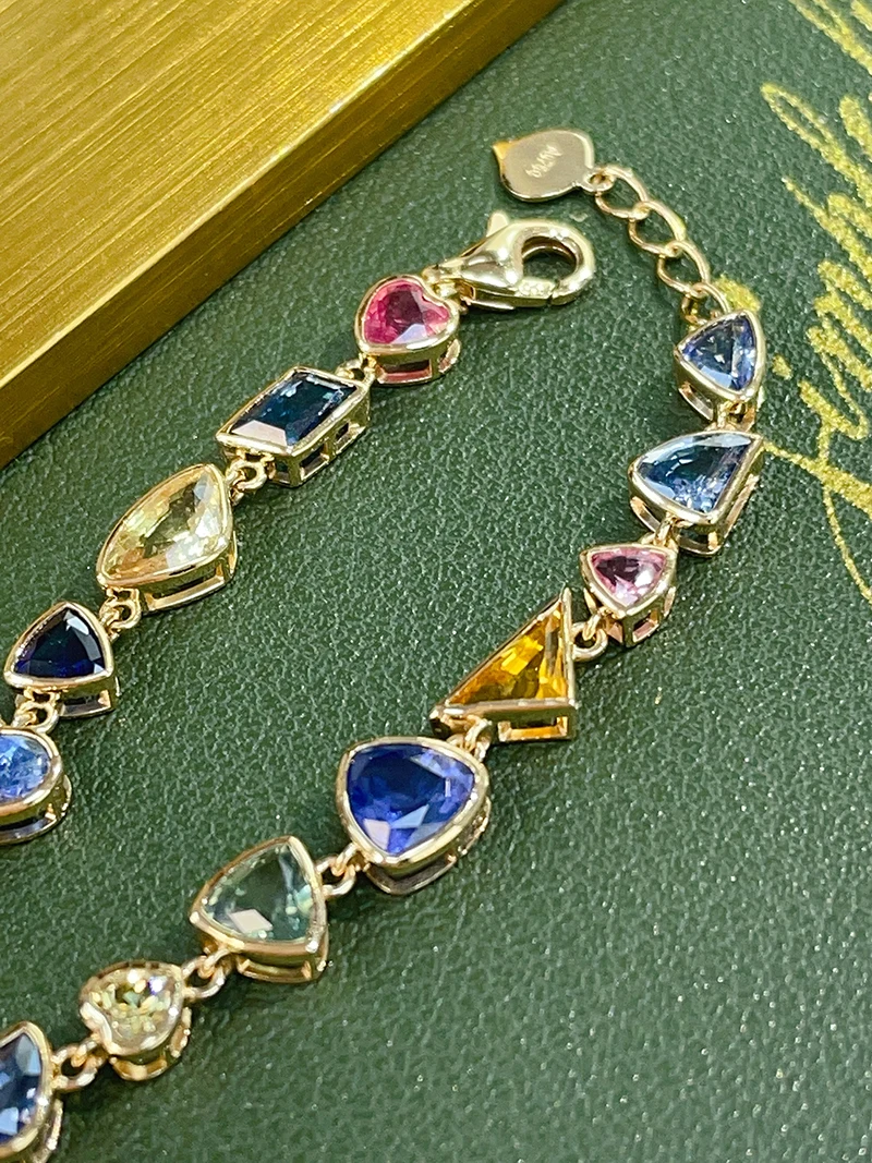 LUOWEND 100% 18K Yellow Gold Bracelet Romantic Rainbow Design Real Natural Color Sapphire Bracelet for Women High Party Jewelry