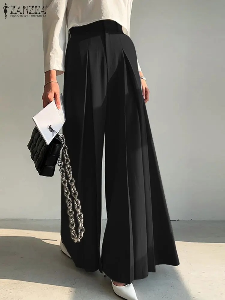 ZANZEA Vintage Pleated Trousers Women High Waist Baggy Pants Elegant Loose Wide Leg Pantalon Streetwear Palazzo Fashion Palazzo