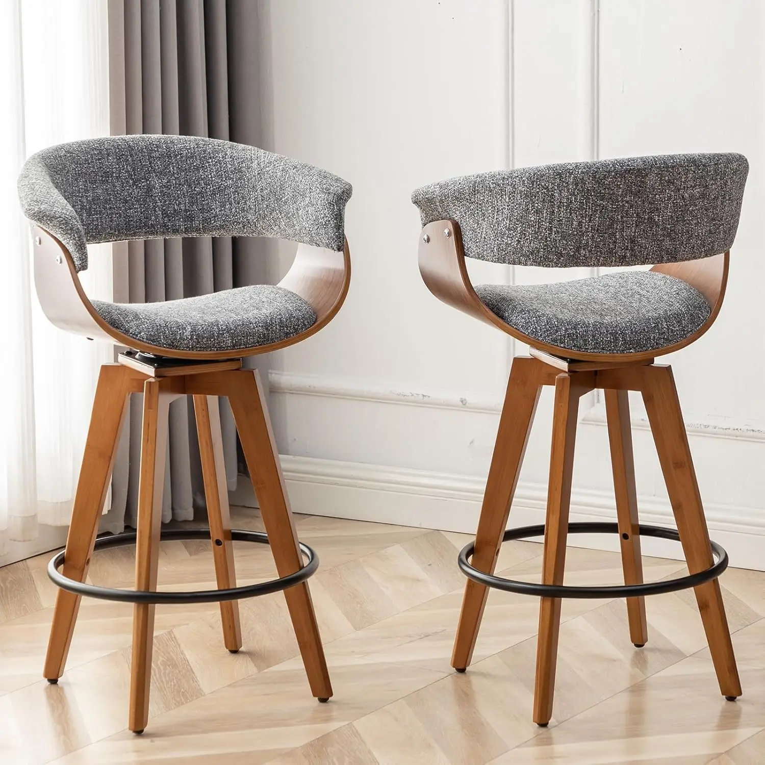 

Upholstered Bar Stools Set of 2,Counter Height Stools,26 Inch Swivel Stools with Hollow Back and Wooden Legs,Modern