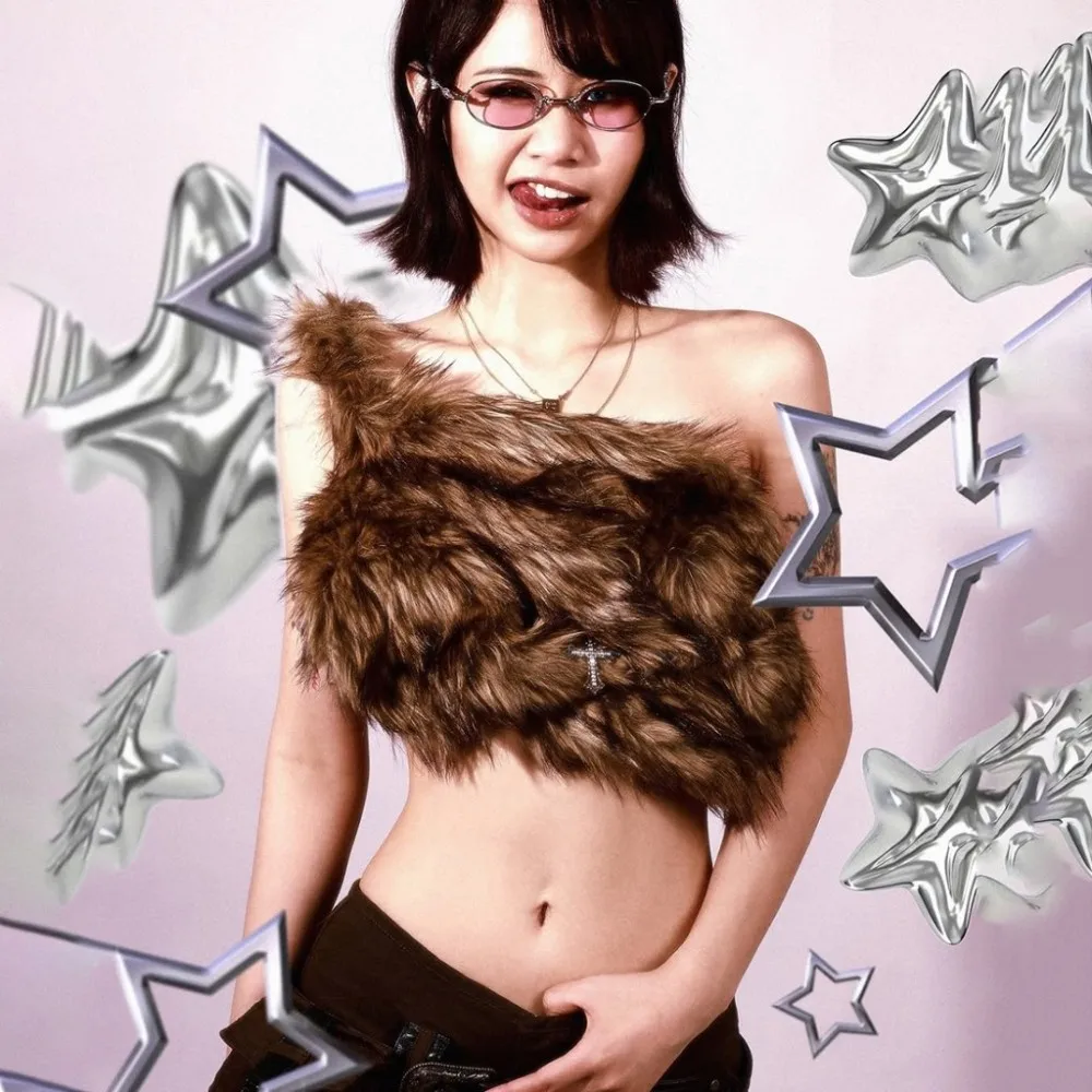 

SylCue Sexy Furry Tank Tops Woman Skew Collar Off Shoulder Backless Navel Exposed Hot Girls Street Fashion Wild Style Clothing