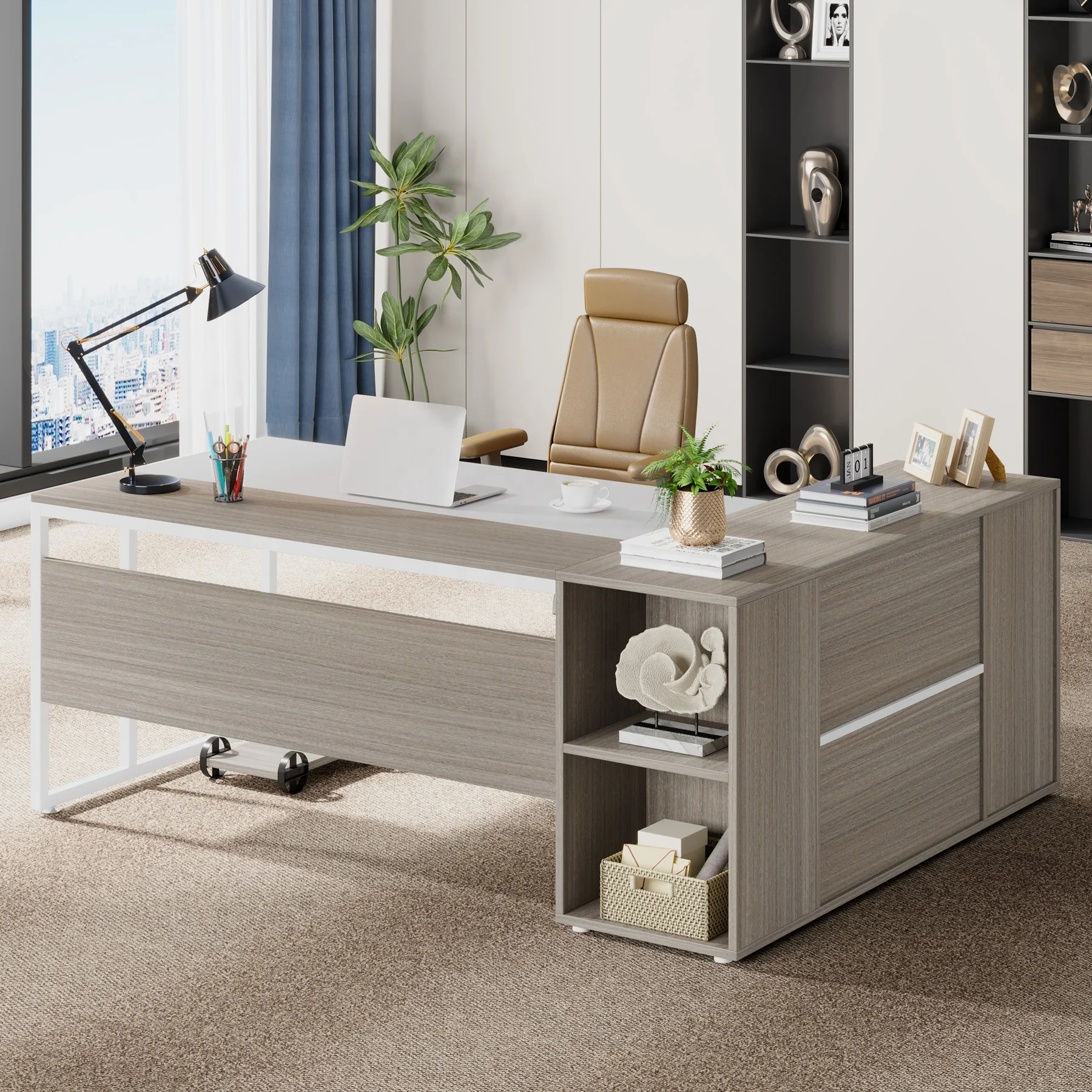 

as-Tribesigns L Shaped Desk with Cabinet Storage, Executive Office Desk with Shelves, Business Furniture Set Workstation@