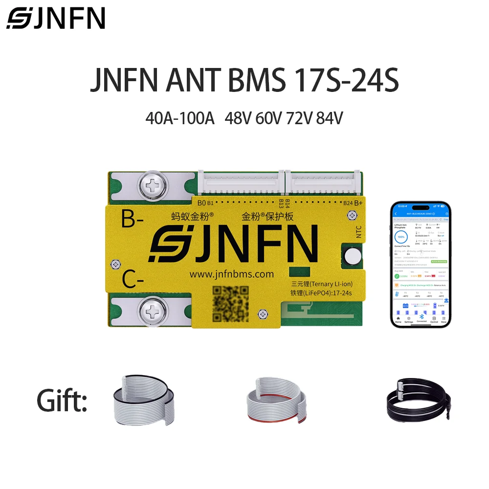 JNFN ANT Smart BMS 17-24S 60V 72V 84V Lifepo4 Li-ion 18650 21700 Battery 40A-100A for Electric Bicycle with Bluetooth