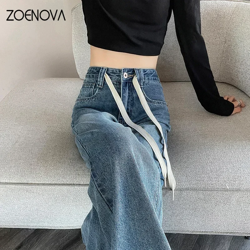 ZOENOVA-Pantalon à jambes larges pour femmes, jean décontracté, mode, lacets, taille haute, vintage, adt, fjj, droit, printemps, nouveau, 2024