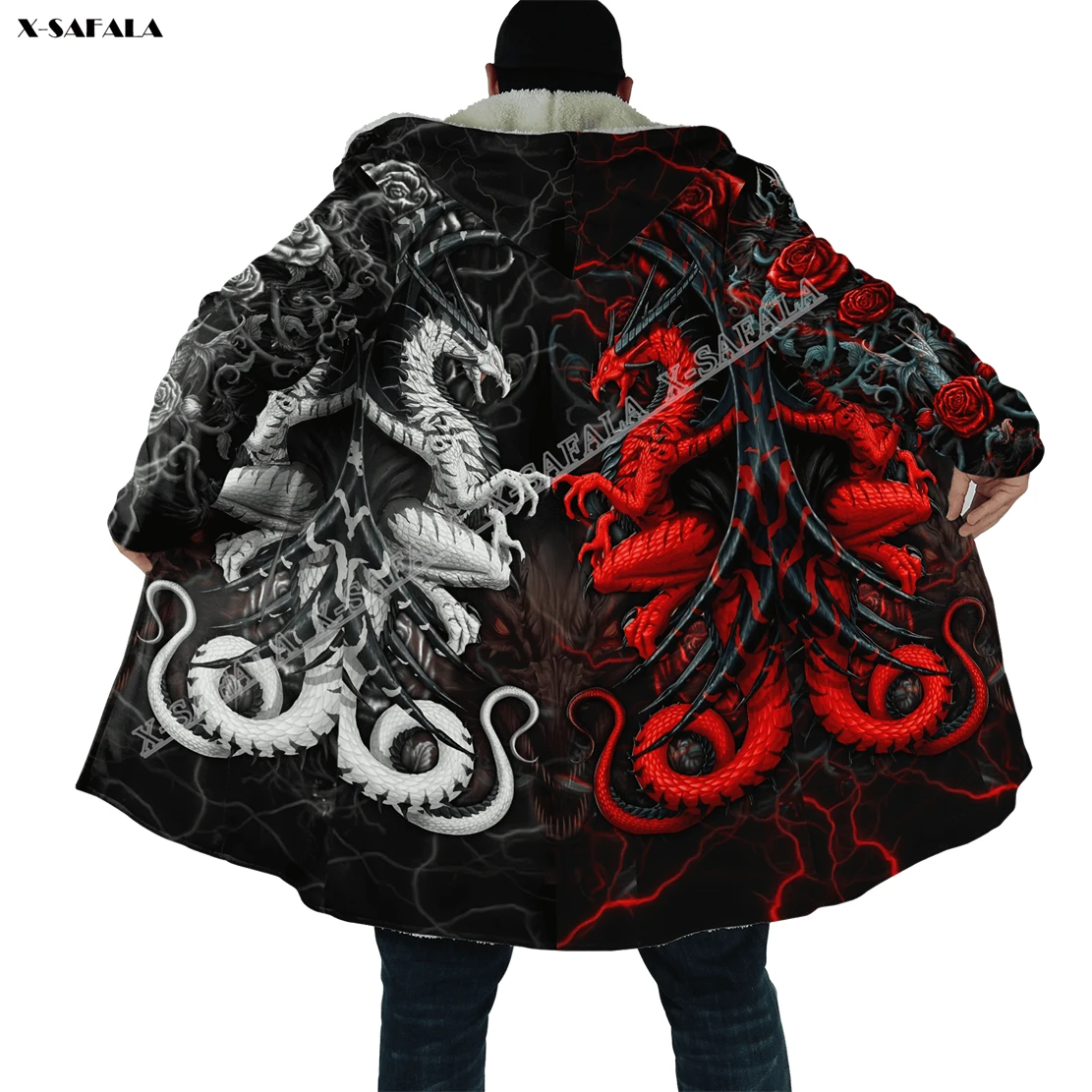 White Red Dragon 3D Printed Overcoat Hooded Blanket Coat Cape Robe Fleece Loose Men Female Cloak Windproof