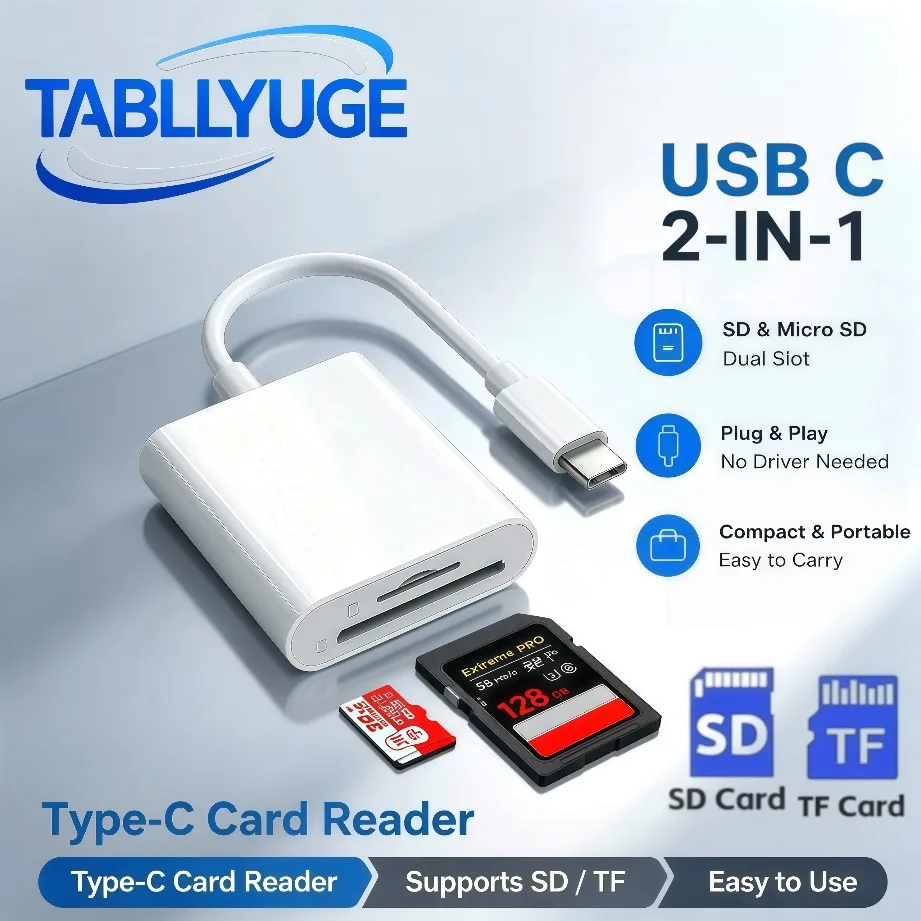 Leitor de cartões 2 em 1 USB-C Tipo C, leitor de cartões SD e TF, adaptador Plug & Play para Macbook, laptop, celular, leitor de cartões multifuncional