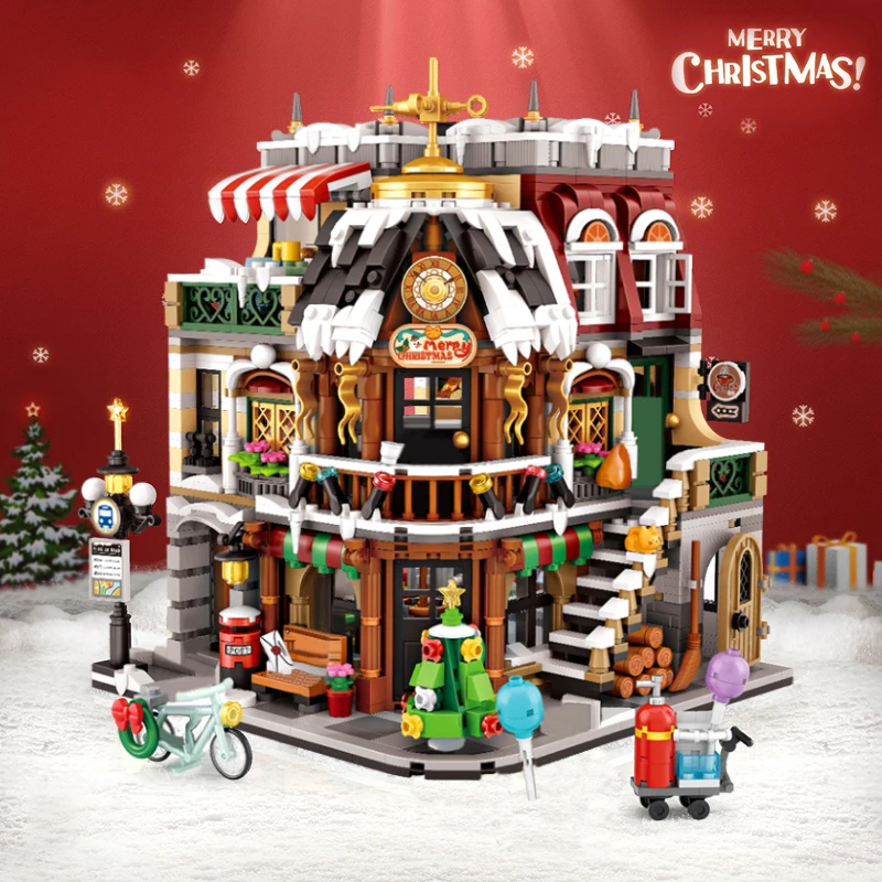 Creative Expert Christmas Cafe House City StreetView Building Block Mini Brick Modular House Santa Claus Tree Toys For Kids Gift