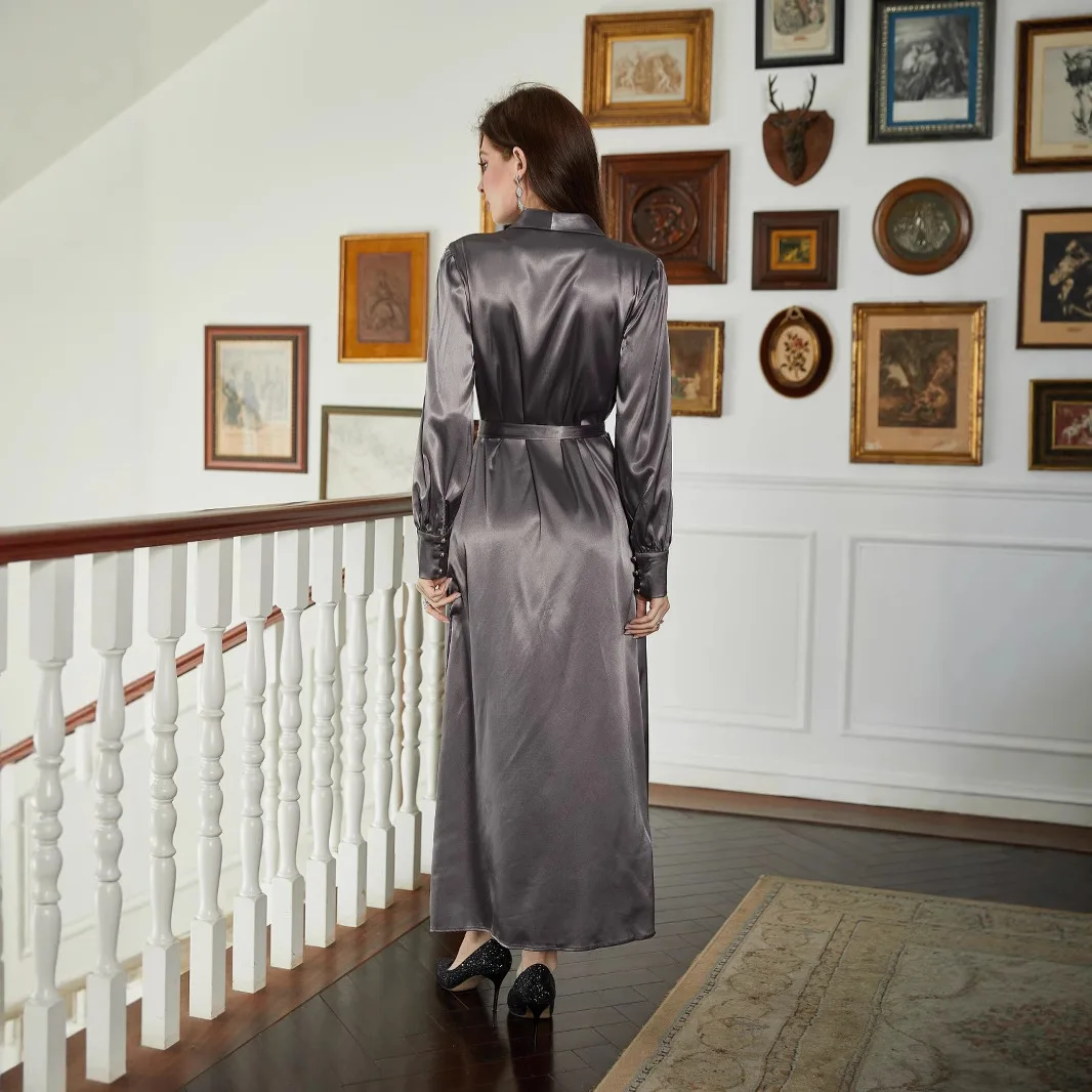 ผู้หญิงฤดูใบไม้ผลิสไตล์ใหม่บางสบายๆซาติน V คอยาวเสื้อผ้าแขนยาวลูกไม้ฤดูร้อนชุด Robe Vestido ผู้หญิง