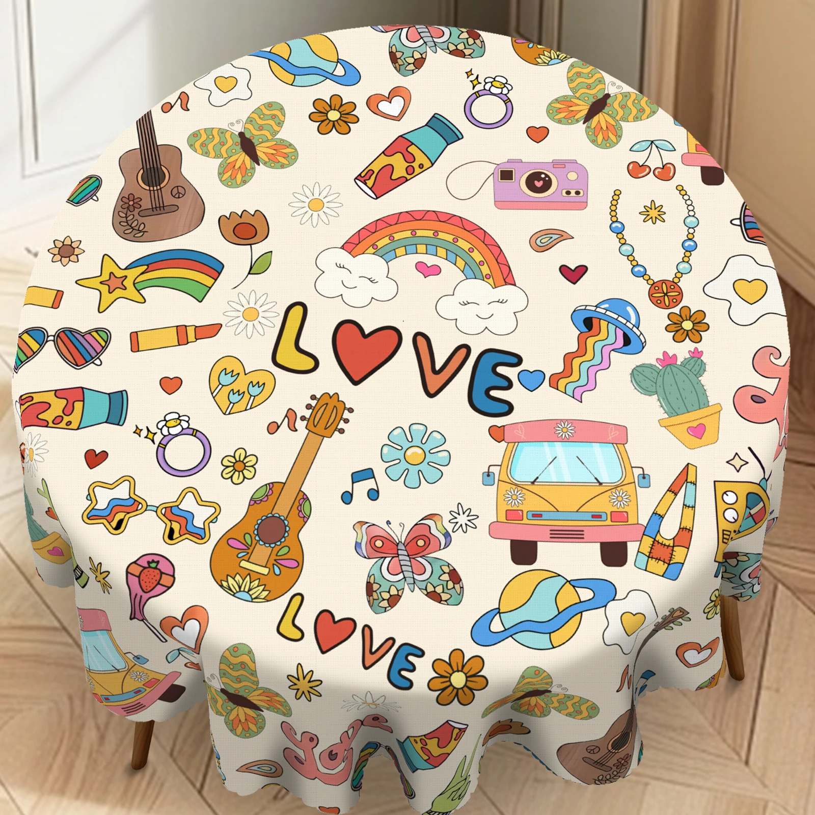 Cute Cartoon-Style Tablecloth, with Colorful Cartoon Prints of Cars, Guitars, Butterflies, Rainbows, Sunglasses, Tvs, Etc., Multiple Size Options, Embossed Edges, Waterproof, Wrinkle-Resistant, Fade-Resistant, Available in Round and Rectangular Shapes, Suitable for Indoor and Outdoor Dining Tables in Spring, Summer, Autumn, and Winter, Ideal for Home, Kitchen, Restaurant, Patio, Garden Use, Buffet Outdoor Parties and Camping, Comes with Self-Adhesive Backing T069