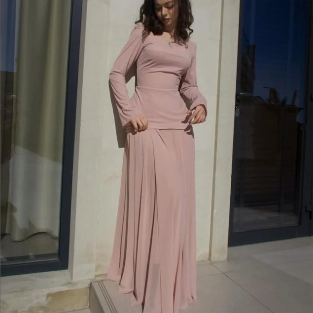 

Customized Straight Prom Dresses Floor-Length Square Collar Full Sleeve Evening Dresses Simple Draped Fashion Party Gown