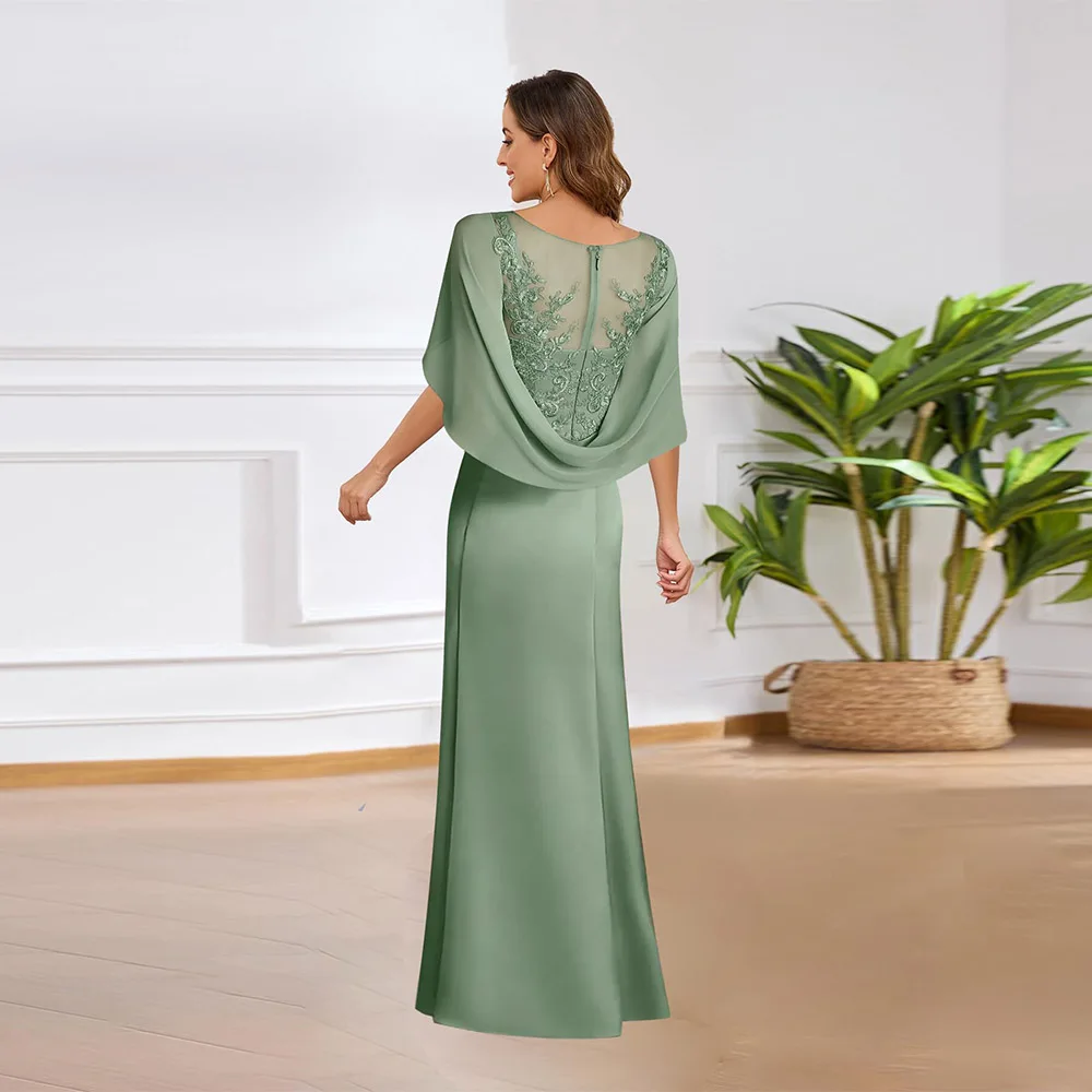 Abiti per la madre della sposa con maniche a mantella da donna squisiti personalizzati Abito formale lungo in raso con applicazioni in pizzo per matrimonio 2025