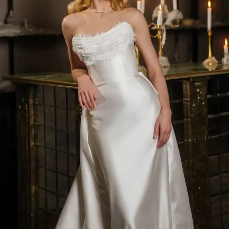 

Satin ivory white Wedding Dresses off-shoulder The corset decal fishtail Bridal tail Gowns Made ﻿Customize