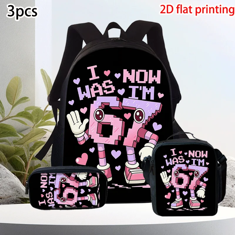 

3pcs Number 67 Pattern Backpack Set - Large-Capacity Casual Backpack with Matching Clutch & Tote Bag Ideal Gift