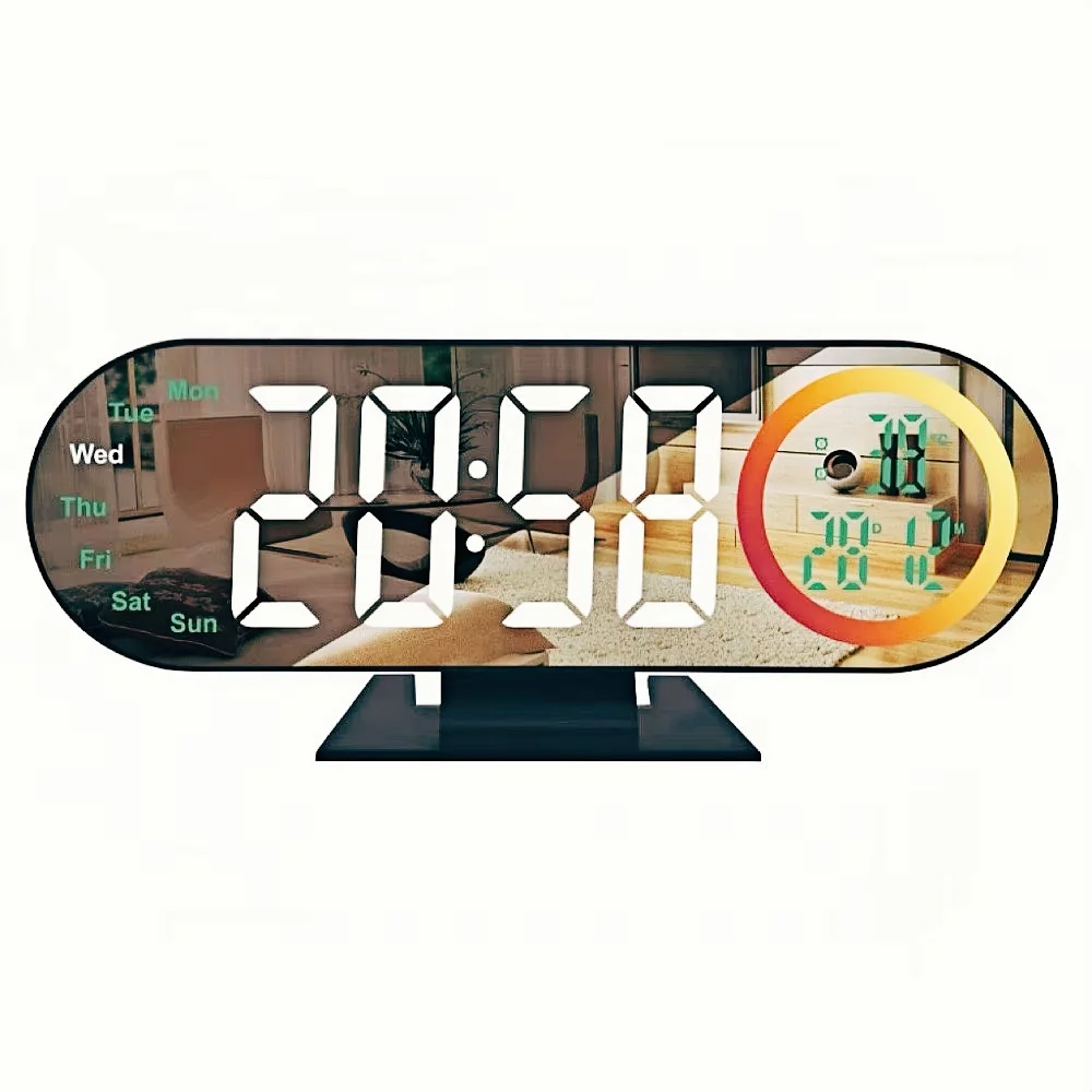 USB Powered Digital Alarm Clock with RGB Mood Light TEMP Date Week 2 Alarm 12/24H Snooze Table Clock Night Mode LED Mirror Clock