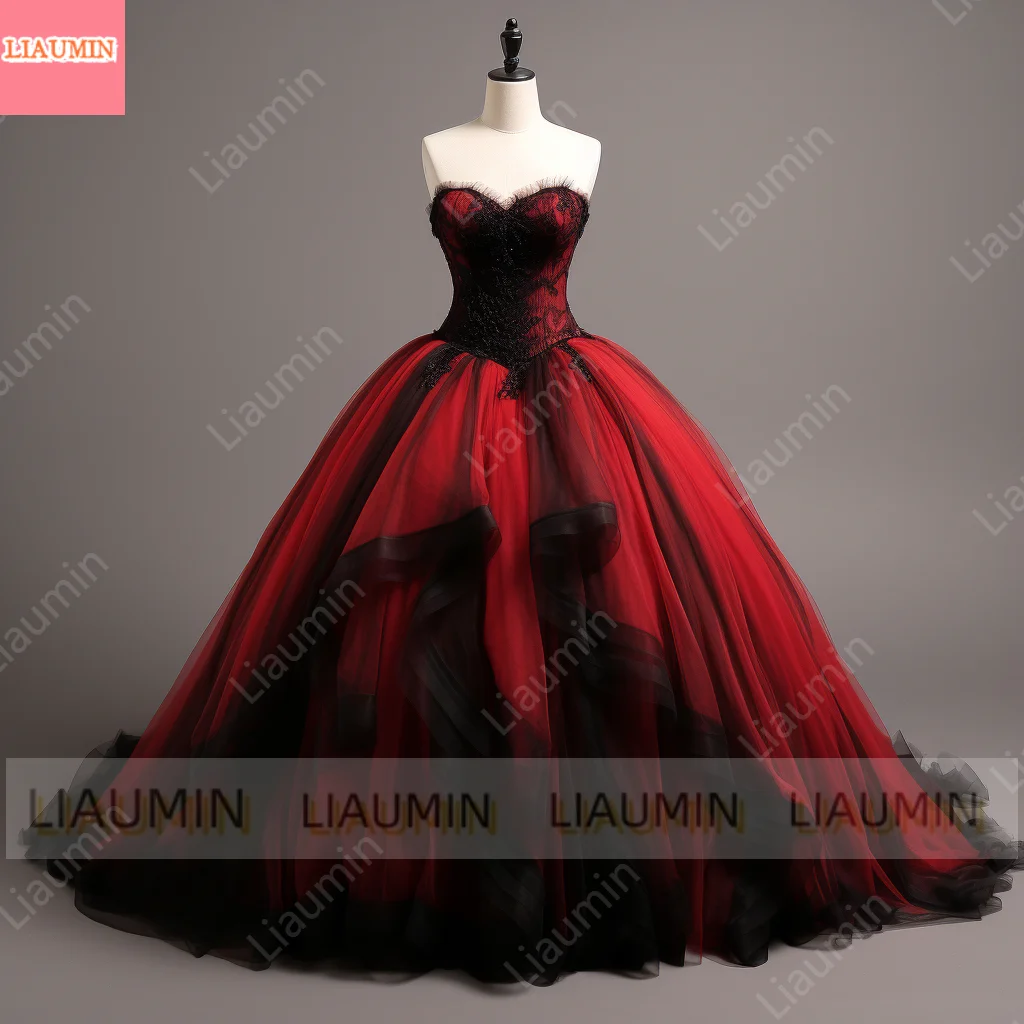 Red Tulle and Black Lace Edge Applique Straplress Full Length Lace Up Back Evening Dress Formal Occasion Elagant Clohing  W1-4