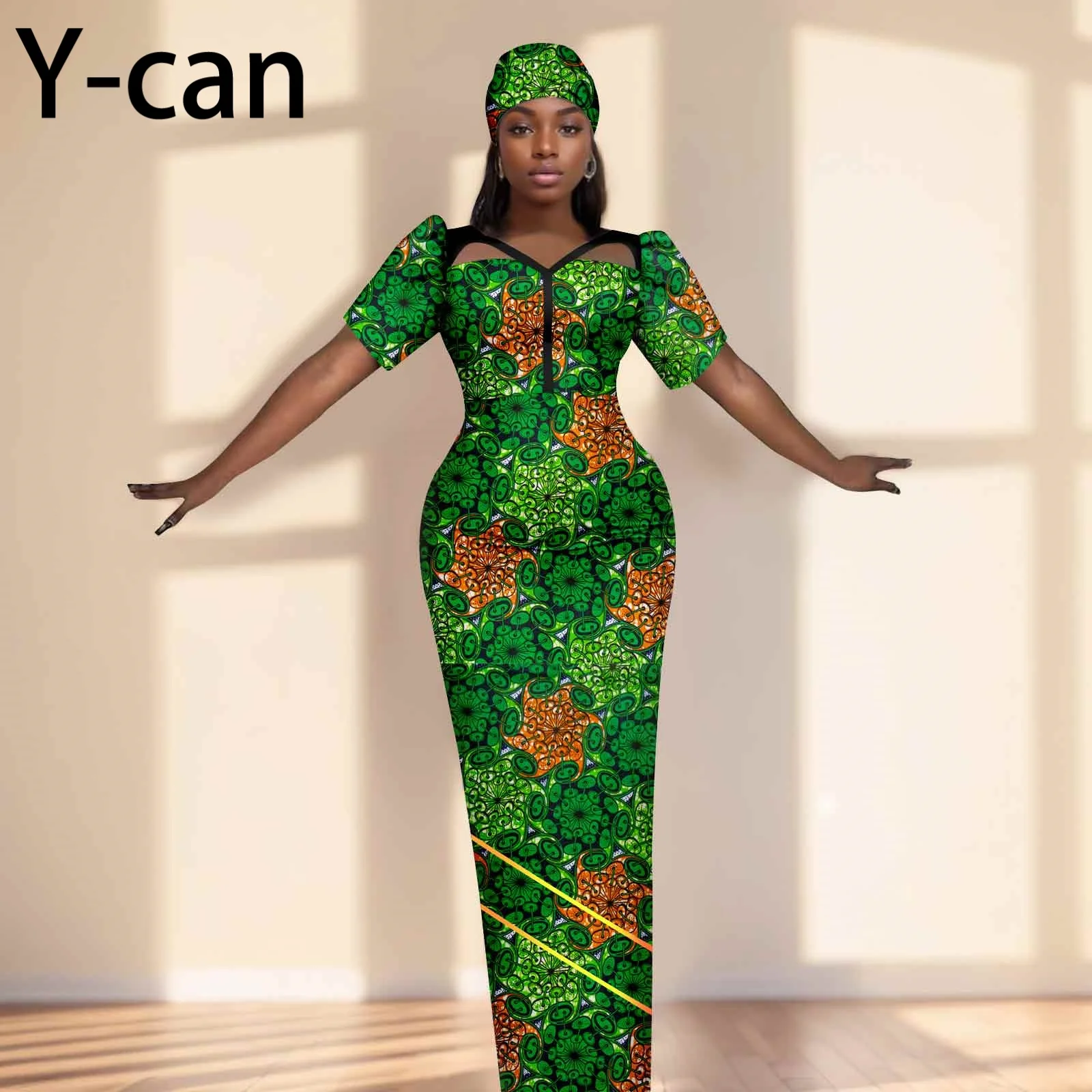 Party Gown African Dresses for Women Slim Fit Short Sleeve Dress Evening Vestidos with Headwrap Dashiki Ankara Print 2525071
