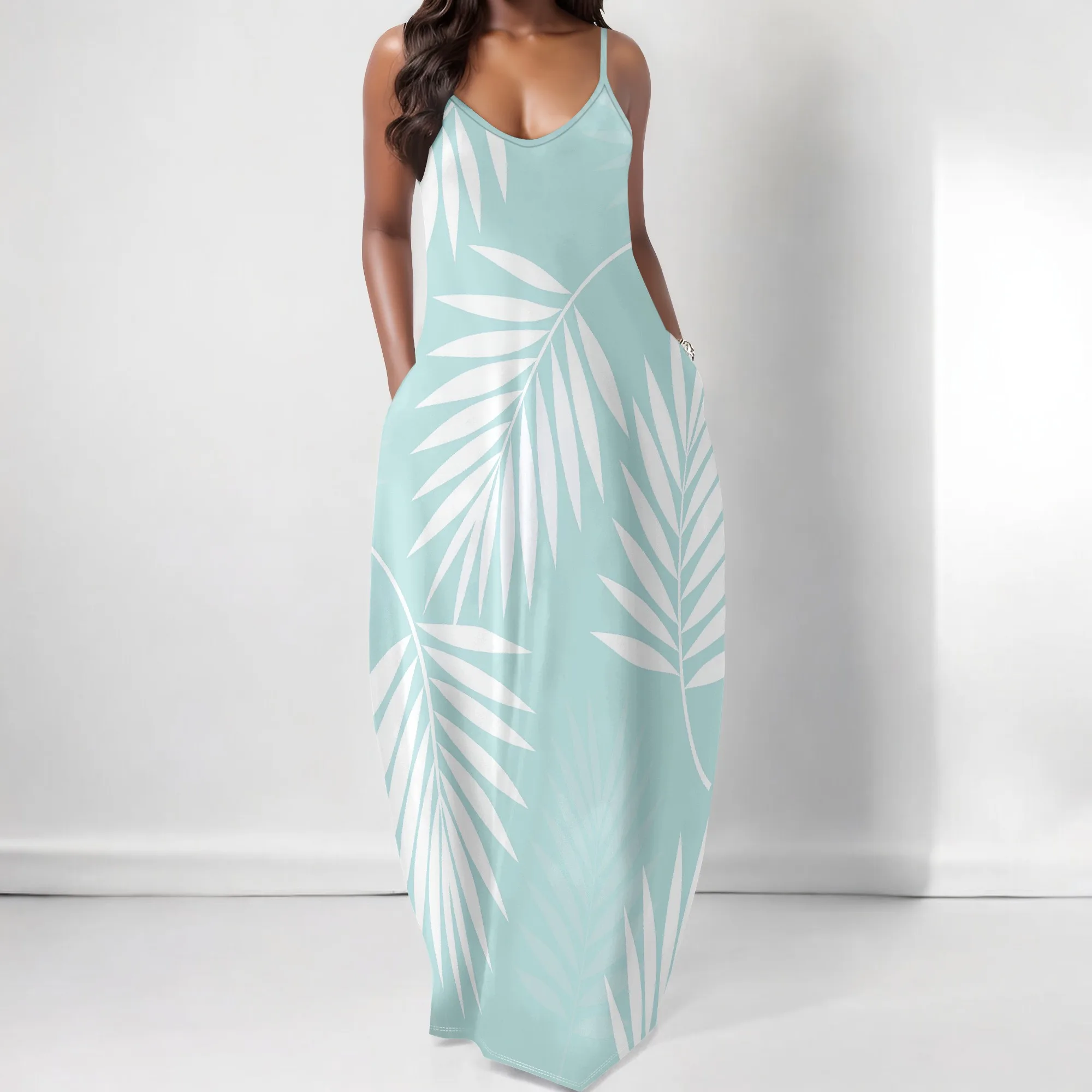 

Women's Palm Leaf Print Maxi Dress | Boho Sleeveless Beach Vacation Gown with Pockets XS-3XL