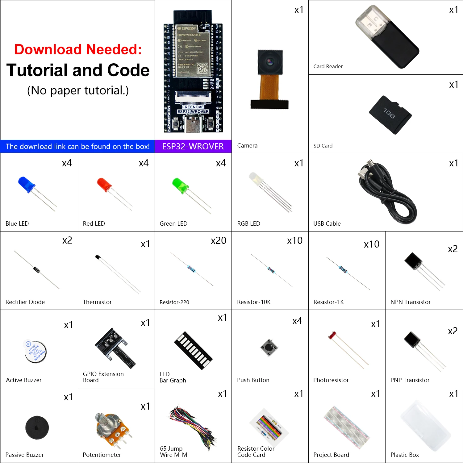 Freenove Basic Starter Kit for ESP32-WROVER CAM Wireless, Python C Code, 400-Page Detailed Tutorial, 141 Items, 58 Projects