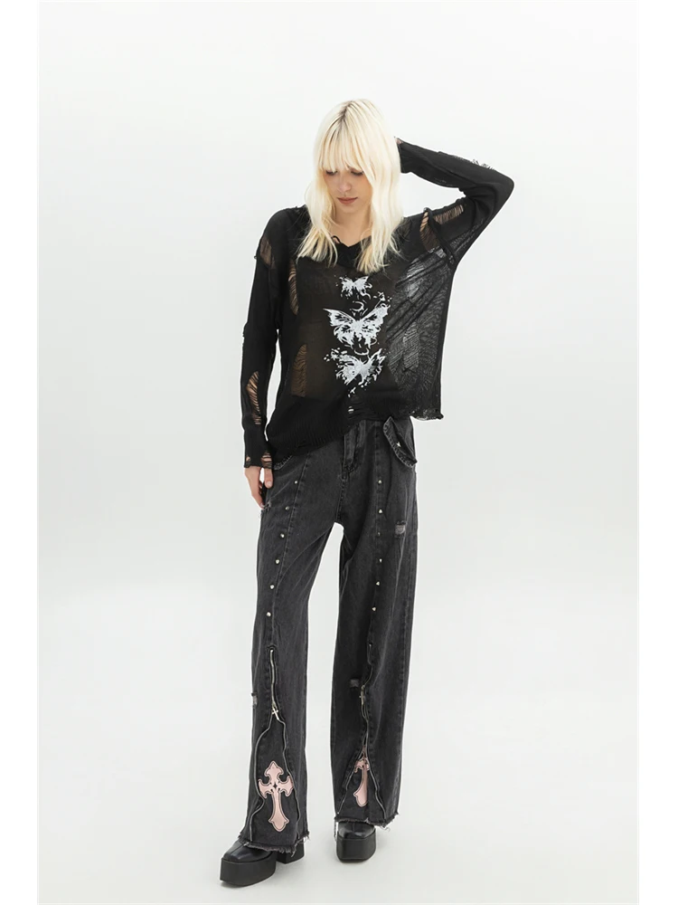 Women Clothing Black Gothic Jeans 90s Aesthetic Y2k Oversize Denim Trousers Vintage Harajuku Korean Emo 2000s Trashy Jean Pants