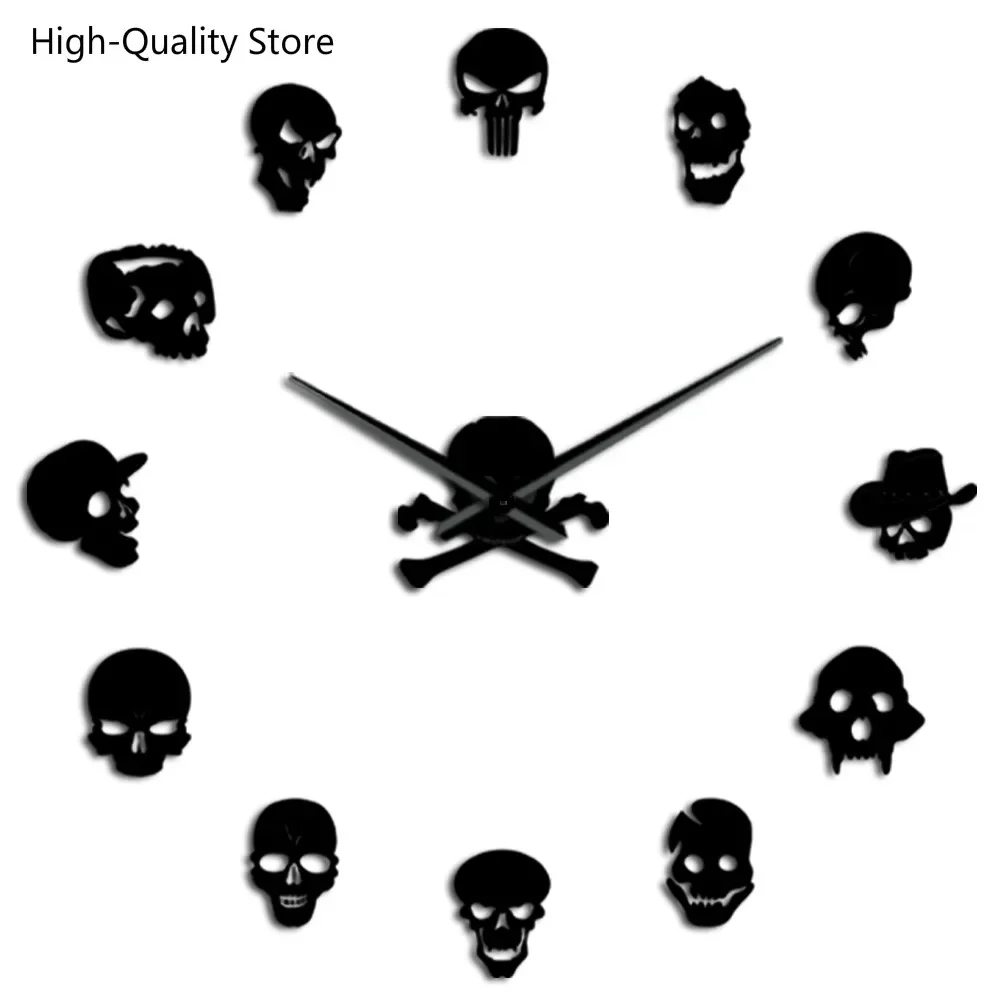 High-Quality Skull Heads DIY Horror Wall Art Giant Wall Clock Big Needle Frameless Zombie Heads Large Wall Watch Halloween Decor