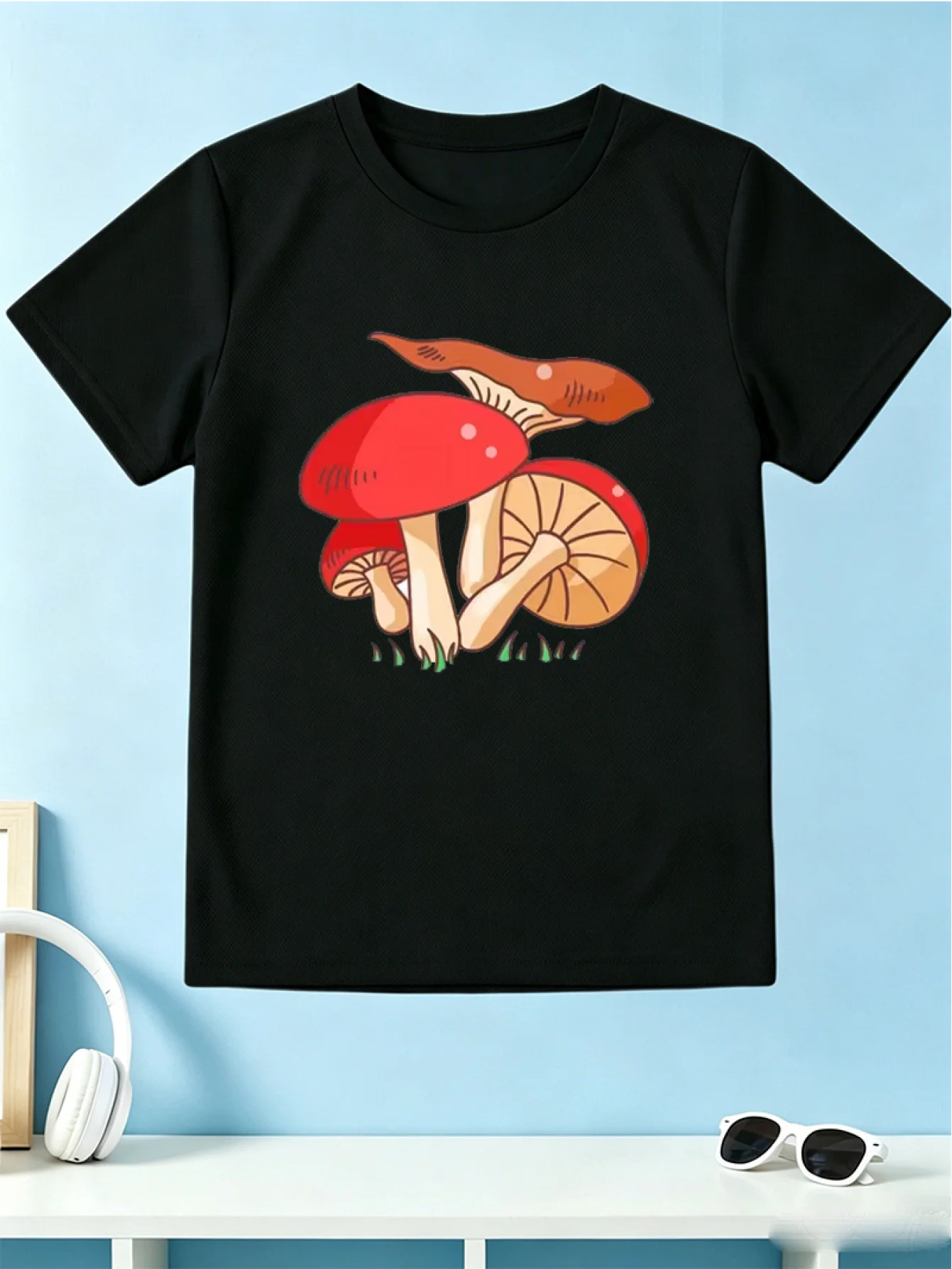 Cute Red Wild Mushrooms Cartoon Plant Nature Graphic Print T Shirt Family Matching Boys Girls Kids Short Sleeve Daily Tees