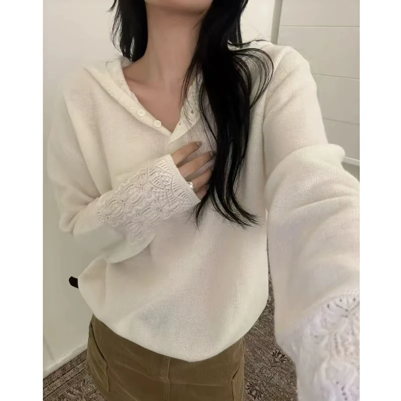 

ATTYYWS Autumn and winter new 100% pure wool hooded sweater knitted fashionable trend women's pullover long sleeved sweater