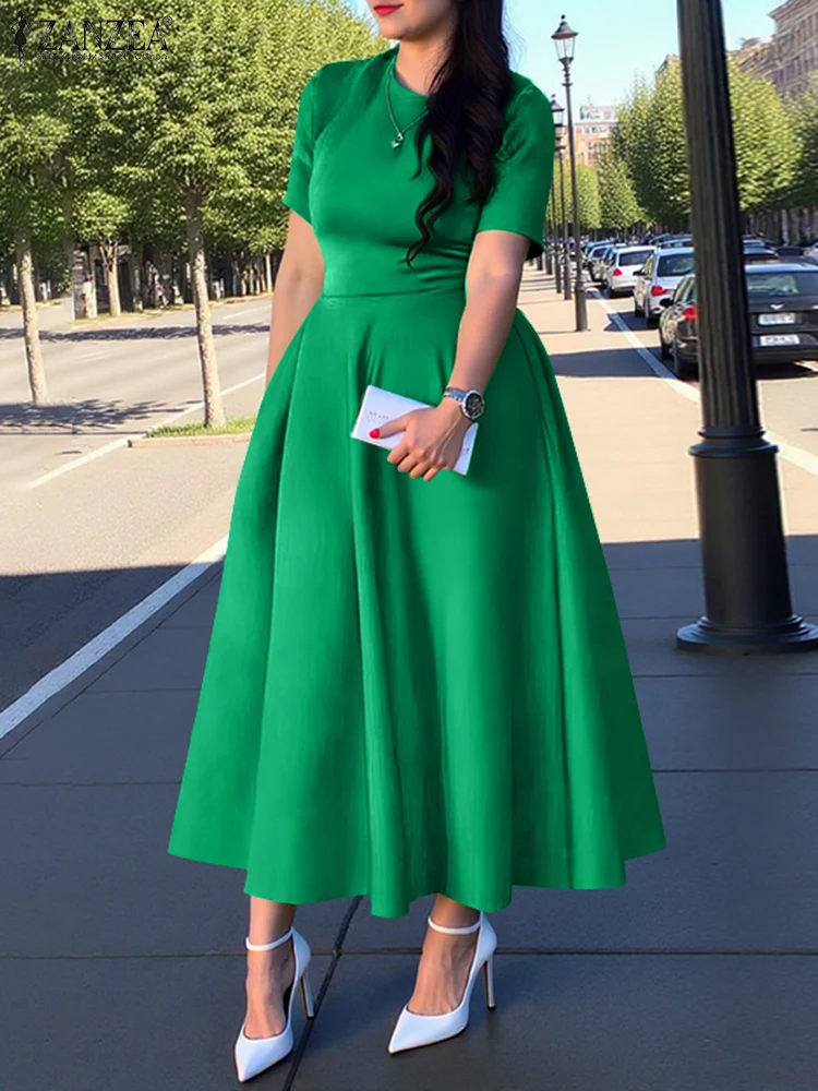 ZANZEA Summer Midi Dress Women A-Line Party Vestidos 2025 Elegant Office Work Satin Silk Sundress Casual Solid Short Sleeve Robe