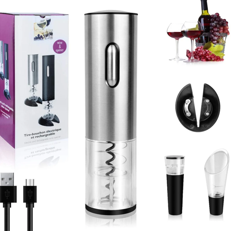 electric wine opener set cordless stainless steel automatic Bottle openers corkscrew foil Cutter recharging base