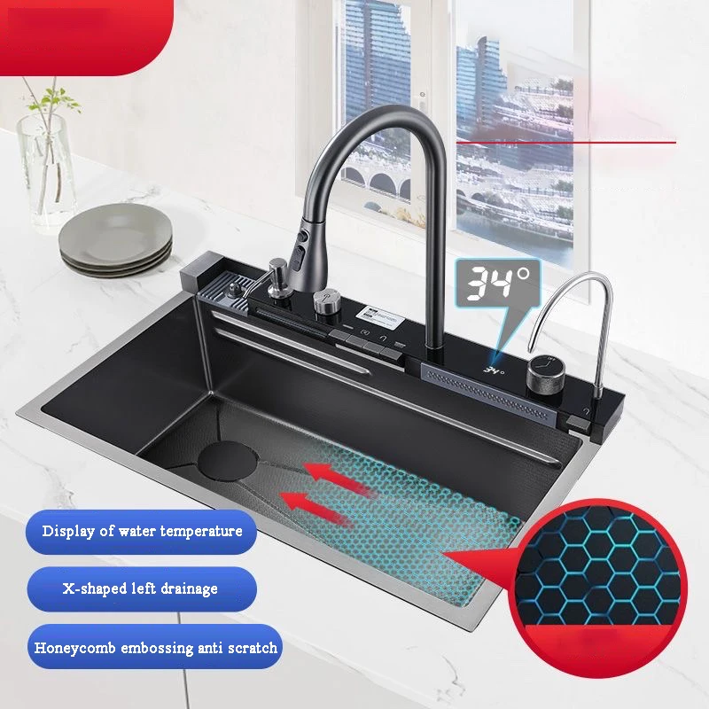 

Waterfall Kitchen Sink 304 Stainless Steel Sink Digital Display Large Single Slot Multifuctional Sink With Waterfall Faucet