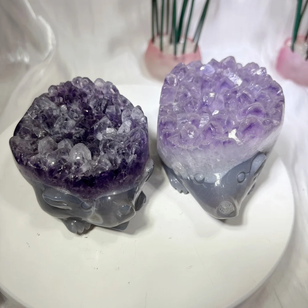 About 500g Natural Agate Amethyst Geode Hand Carved Hedgehog Figurine, Crystal Hedgehog Statue, Reiki Stone Home Desk Decor
