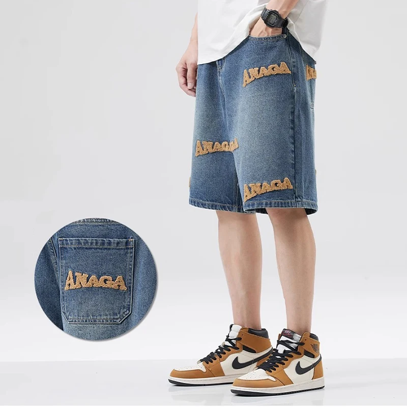 

Summer Trend Men Loose Embroidered Denim Short Pants American HIP HOP Casual Straight Leg Jeans Male Daily Comfortable Shorts