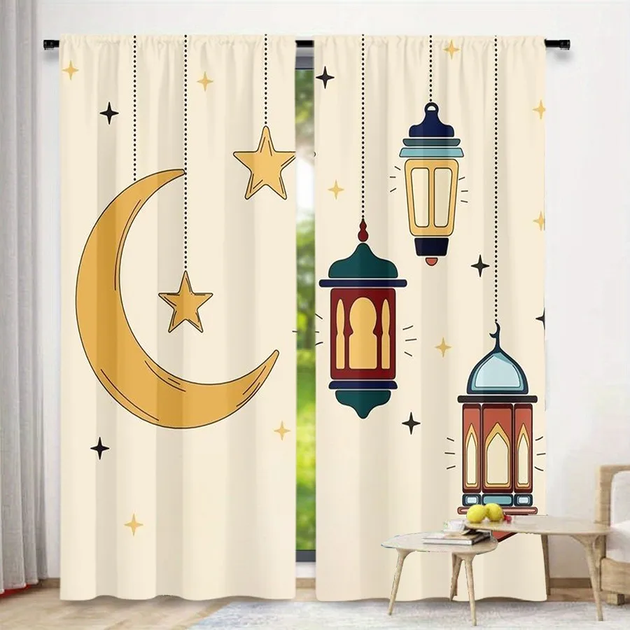 2 PCS Cartoon Star Moon Curtains, Childlike Ramadan Style Window Drapes for Living Room Bedroom Home Decor Polyester Rod Pocket