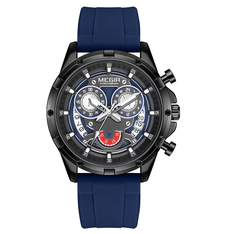 MEGIR Men's Quartz Watch with White Silicone Strap Luminous Hands Fashion Sport Waterproof Chronograph Wristwatch with Calendar