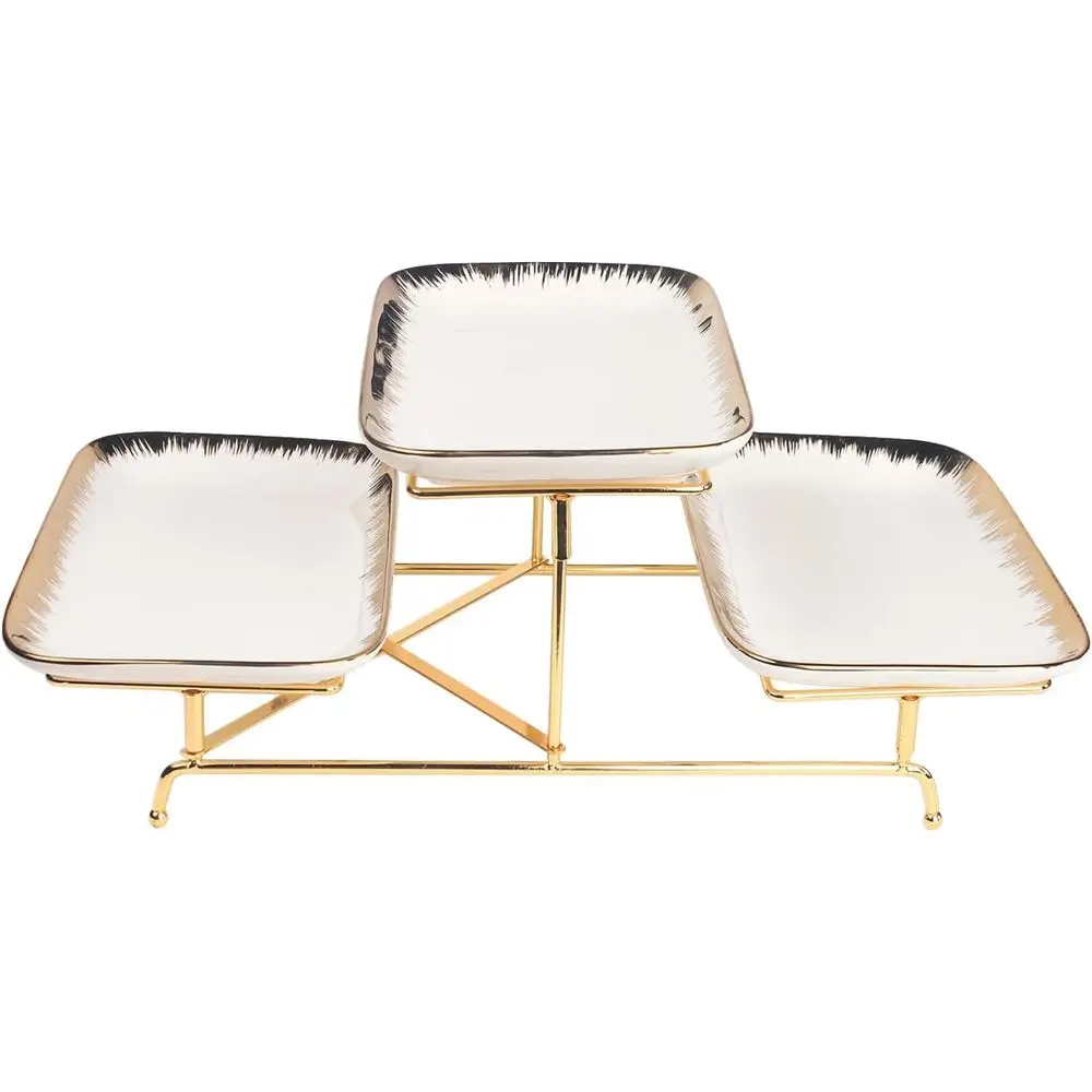 

Three-Tier Ceramic Plate Rack - A Foldable Gold-Rimmed Plate Rack with Three 10.6-inch Gold-Rimmed Plates for displaying Food, F