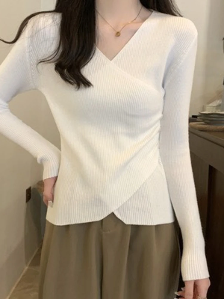 Suéter de primavera y otoño para mujer, jerséis de punto acanalado con cuello en V, manga larga, Top con botones, jersey liso, ropa básica para adolescente