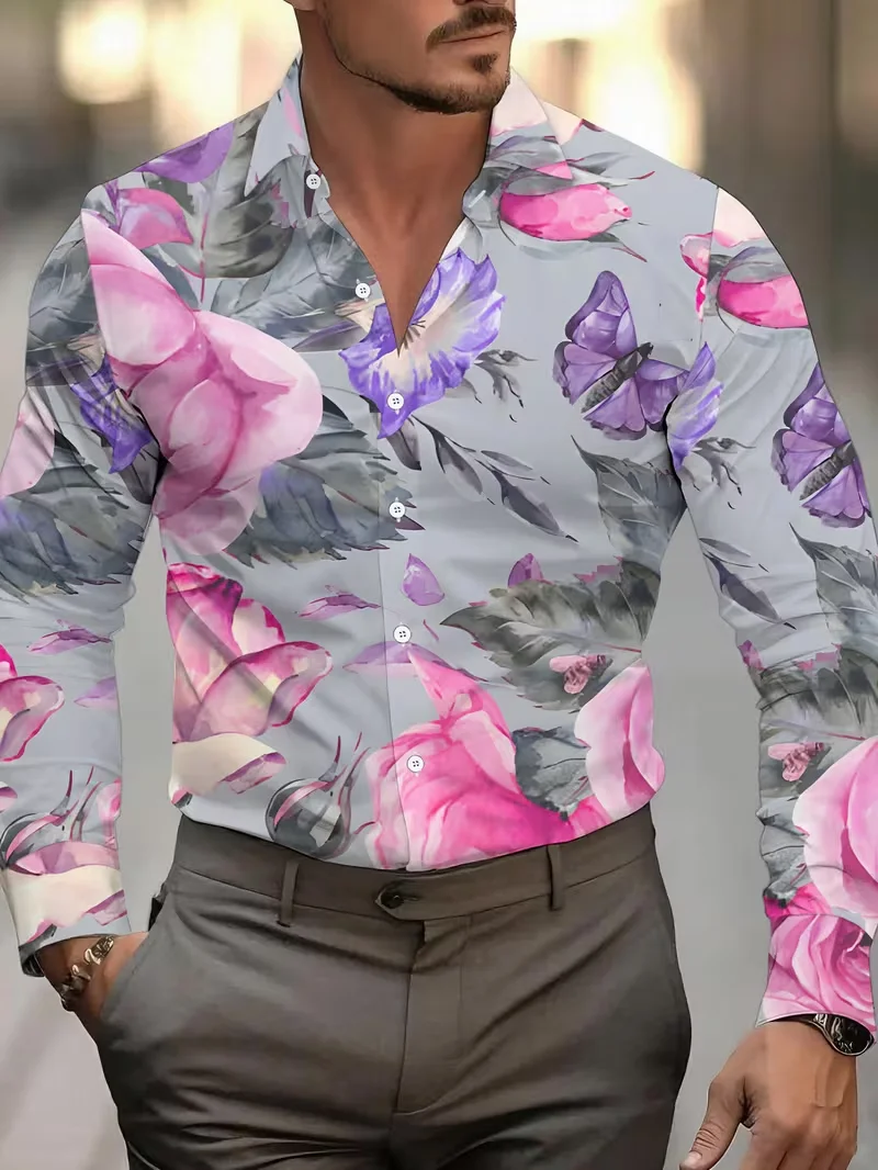 New Men's Long Sleeved Shirt 3D Butterfly Print Long Sleeved Luxurious Irregular Pattern Shirt Collar Top