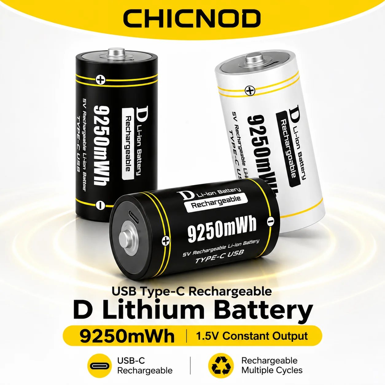 

CHICNOD D Rechargeable Lithium Battery 1.5V 9250mWh USB Type-C Li-ion High Capacity Built-in Protection for Flashlight Toys