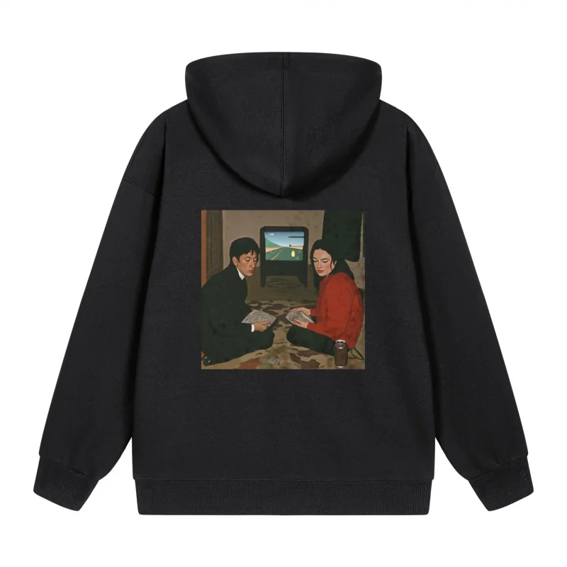 سترة بغطاء للرأس بسحاب للرجال يشاهدون التلفزيون على الأريكة 2025 نمط جديد غير رسمي للأزواج كاجوال وفضفاض #2