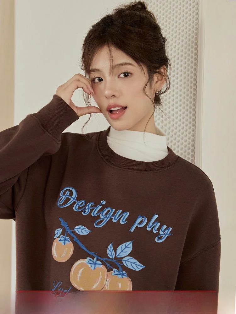 

Коричневая круглая толстовка с принтом и длинными рукавами для женщин, свободная, стройнящая, верхняя одежда, худи, зимняя новинка, повседневная уличная одежда