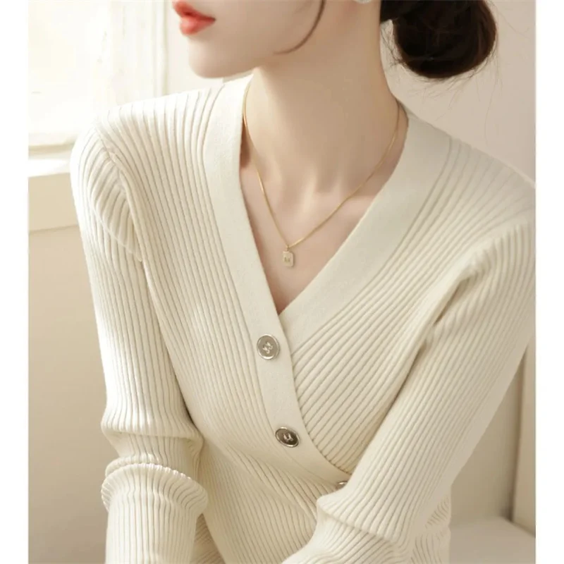 New Cashmere Women's V-neck Pullover Lace Neck Hollow Out Design Casual Knitted Long Sleeve Women's Sweater Autumn And Winter