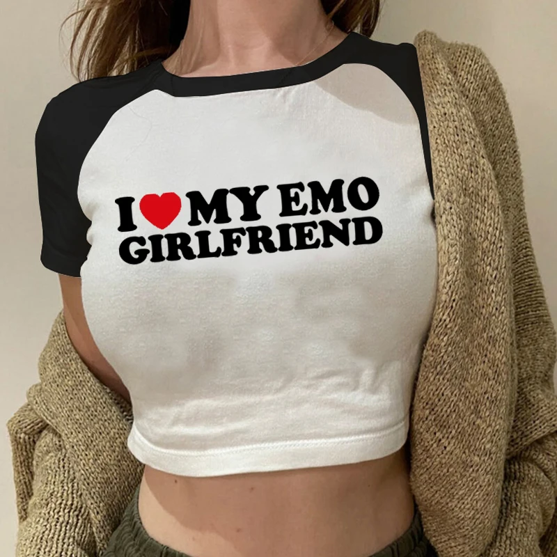 Cute Baby Tee I Love My Emo Girlfriend T Shirt Printed Grunge White Crop Tops O-Neck Y2k Aesthetic Women Casual Cropped Tops