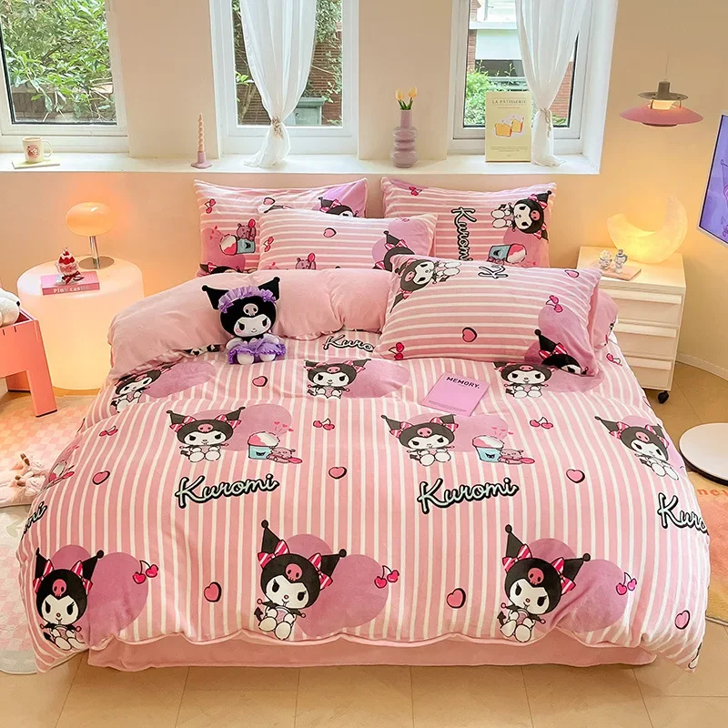 Imagem -02 - Sanrio Genuine Inverno Leite Veludo Conjunto de Cama Hellokitty Kuromi Melodia Cinnamoroll Rei Rainha Fronha Roupa de Cama Têxtil Doméstico