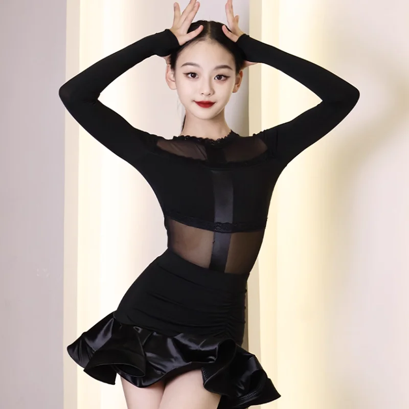 Dziecięcy strój do tańca latynoamerykańskiego, seksowna sukienka dla dziewczynek, zestaw do ćwiczeń tańca towarzyskiego, body i spódnica, kostium do romby i cha-chy.