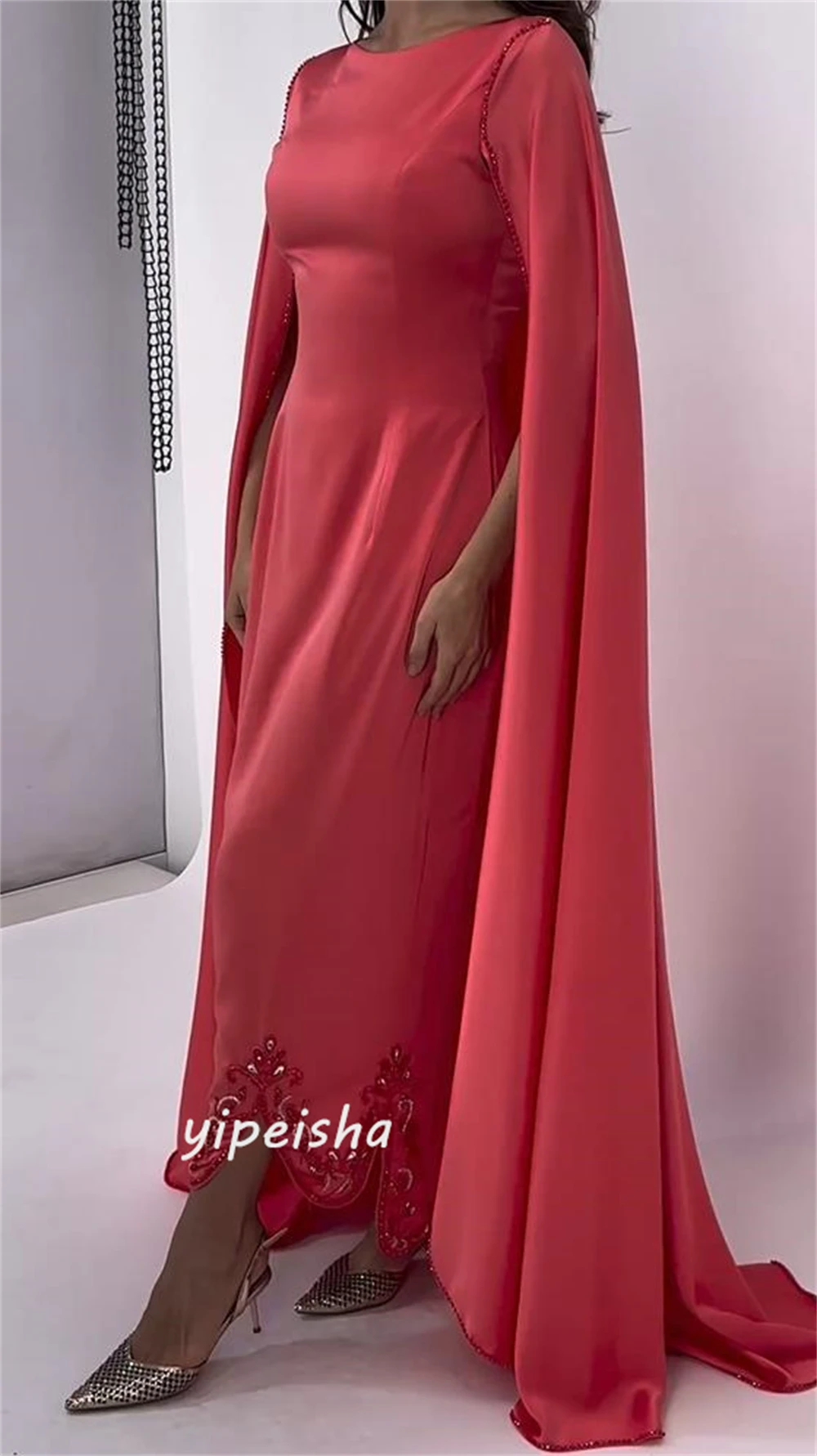 Vestido de noche de satén drapeado con cuentas de Arabia Saudita, vestido de fiesta de boda, línea A, cuello redondo, a medida, vestido de ocasión, vestidos Midi