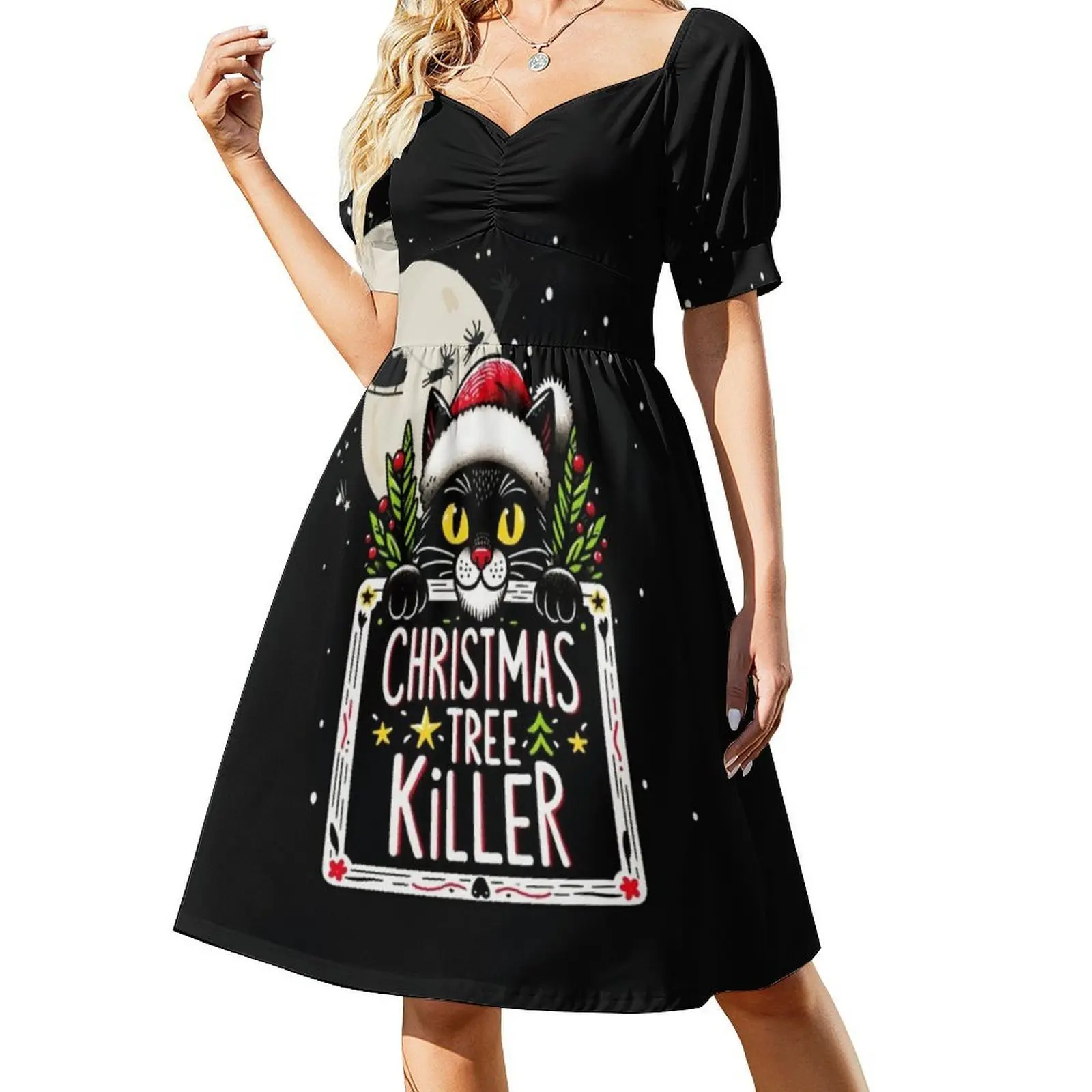 فستان على الطراز الكوري لشجرة عيد الميلاد للنساء، فستان كاجوال أنيق للحفلات أو الارتداء اليومي، Cat Kill Santa Scaredy Cat