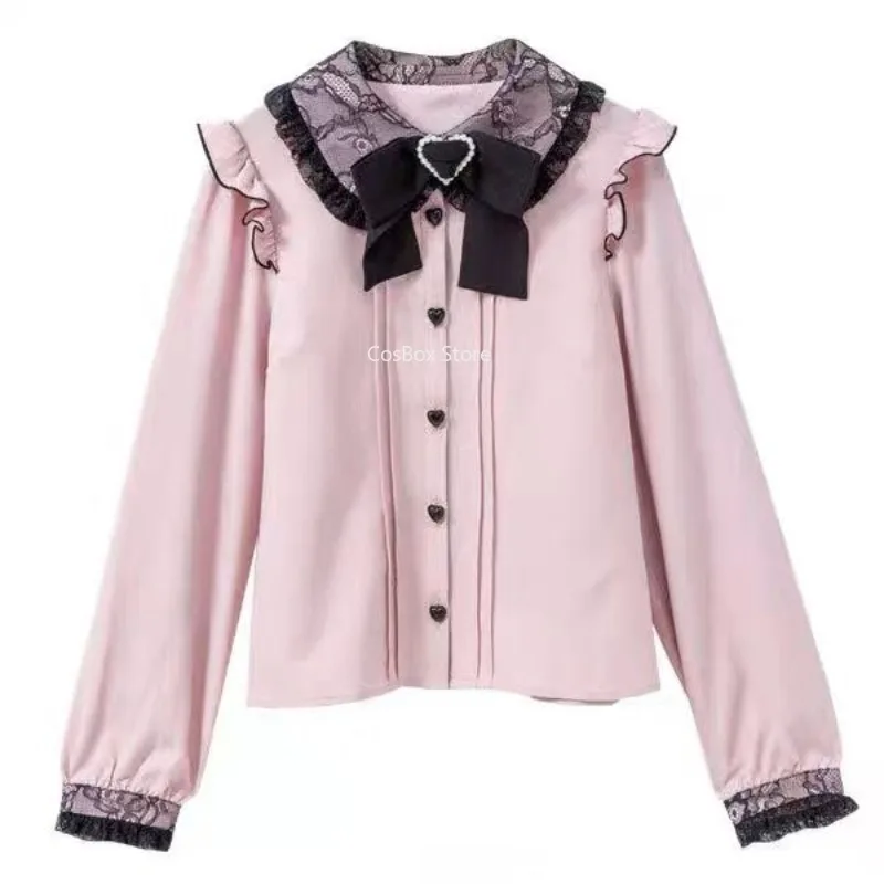 Jirai Kei Lace Bow Shirt Black White Lolita Y2K Lace Short Long Sleeve Blouse Women Sweet Kawaii Gothic Style Japanese Style