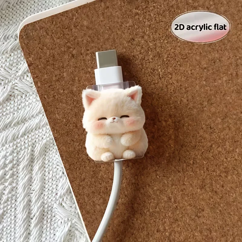 2D Flat Acrylic Data Cable Protective Cover Cute Cartoon Chubby Cat Anti Damage Suitable for Type-C Decorative Accessories Gifts