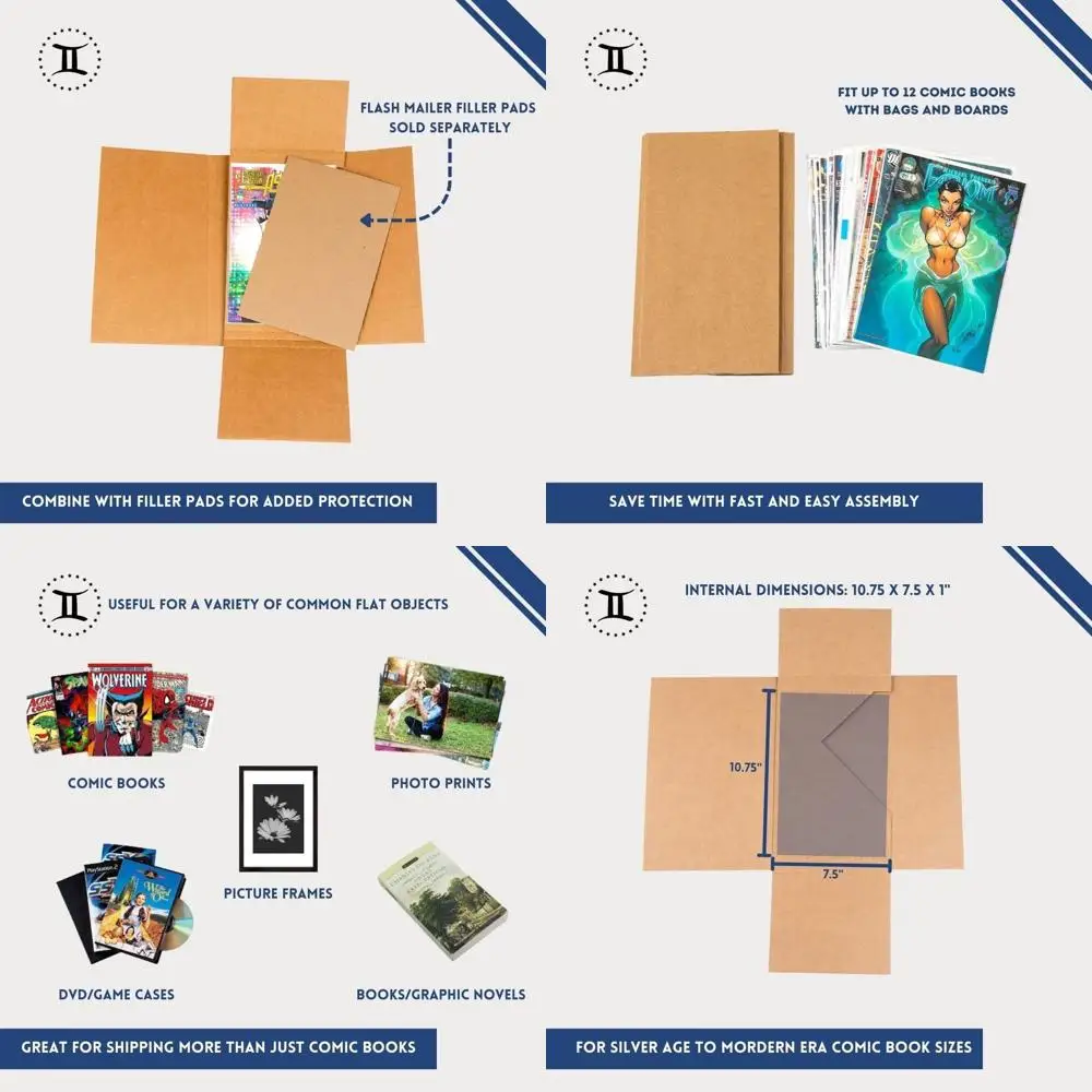 

Durable 10.75x7.5x1 Inch Comic Book Mailers - 100 Pack | Foldable, Flat, Crush-Resistant Shipping Boxes for Books and Wrapping