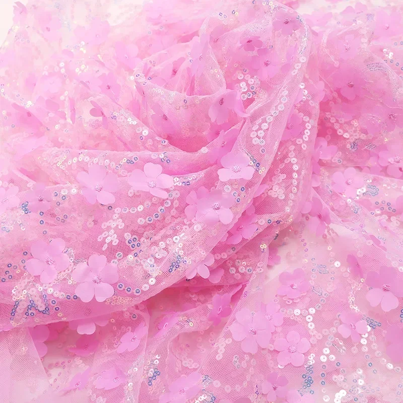 130cm Wide Mesh Embroidery Sequin 3D Flower Tulle Fabric DIY Dress Clothing Handmade Bow Material for Decoration Clothes Crafts